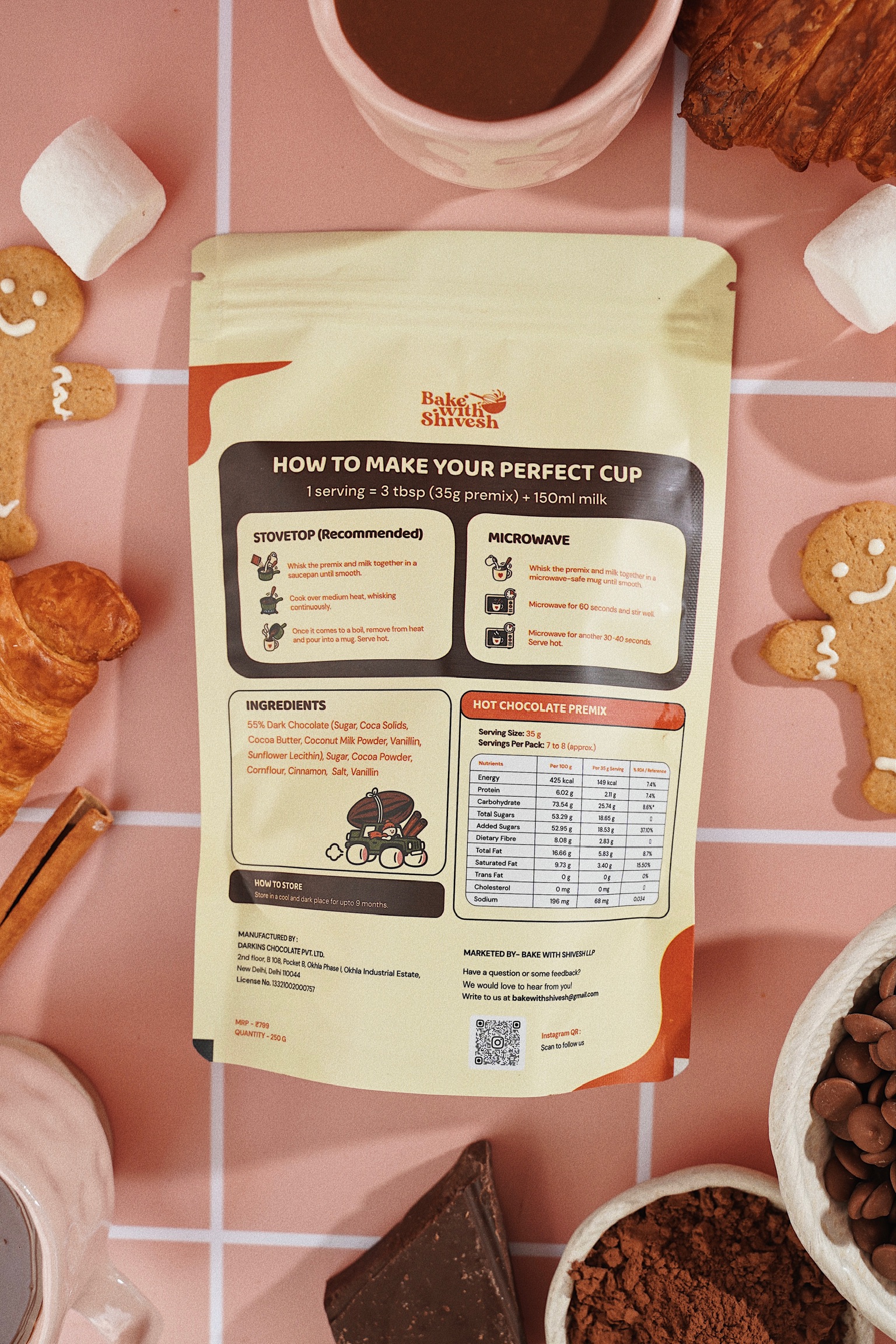 Back of the Bake With Shivesh Hot Chocolate Premix pouch with ingredients and preparation details