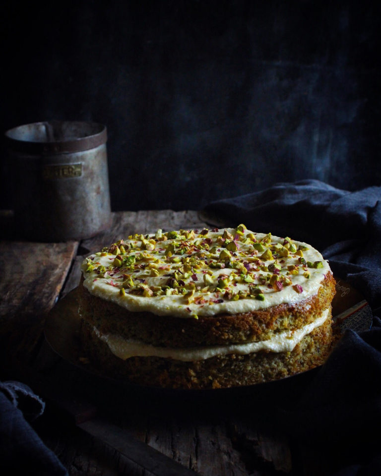 Pistachio Cardamom Cake with CreamCheese Frosting