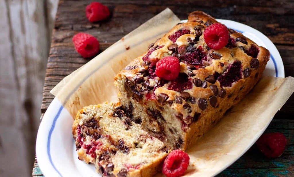 moody styling and photography of the best raspberry chocolate chip banana bread