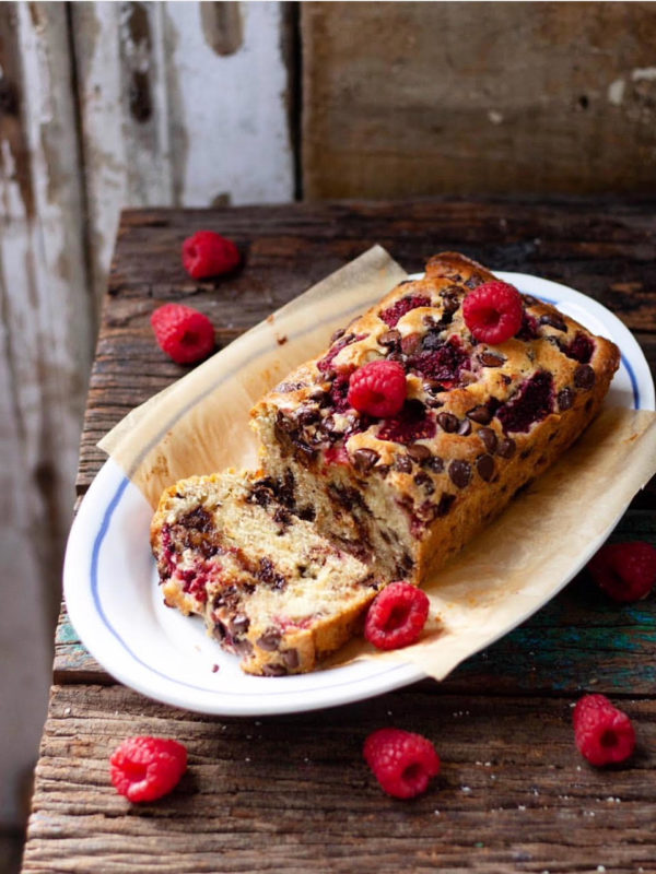 moody styling and photography of the best raspberry chocolate chip banana bread